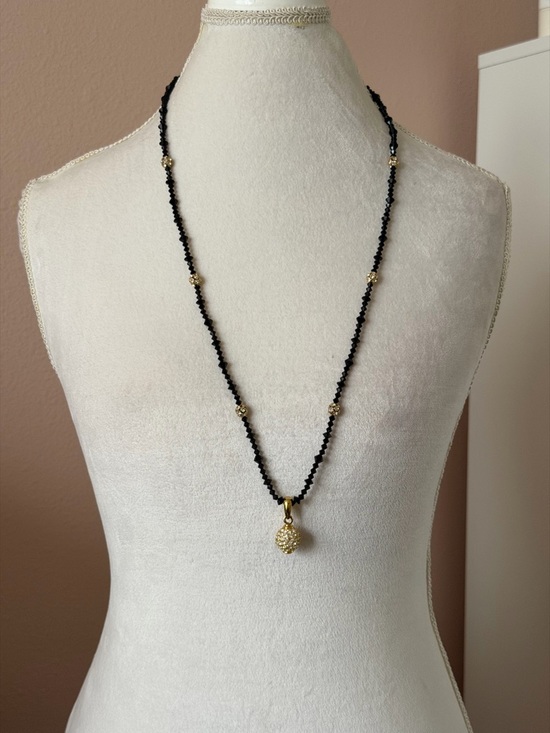 Jewelry - Vintage Gold-Tone Black Faceted Bead Necklace with Pavé Ball Pendant